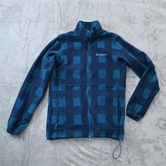 Columbia Mens Fleece Jacket Casual Drawstring Waist Zip Up Checkered Blue - Picture 1 of 16
